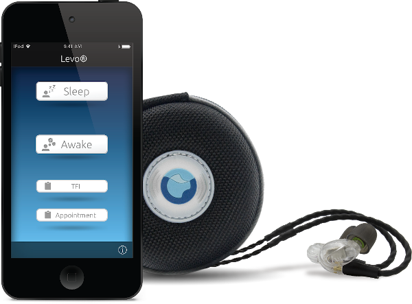 Levo app on iPhone and Levo device with earbuds